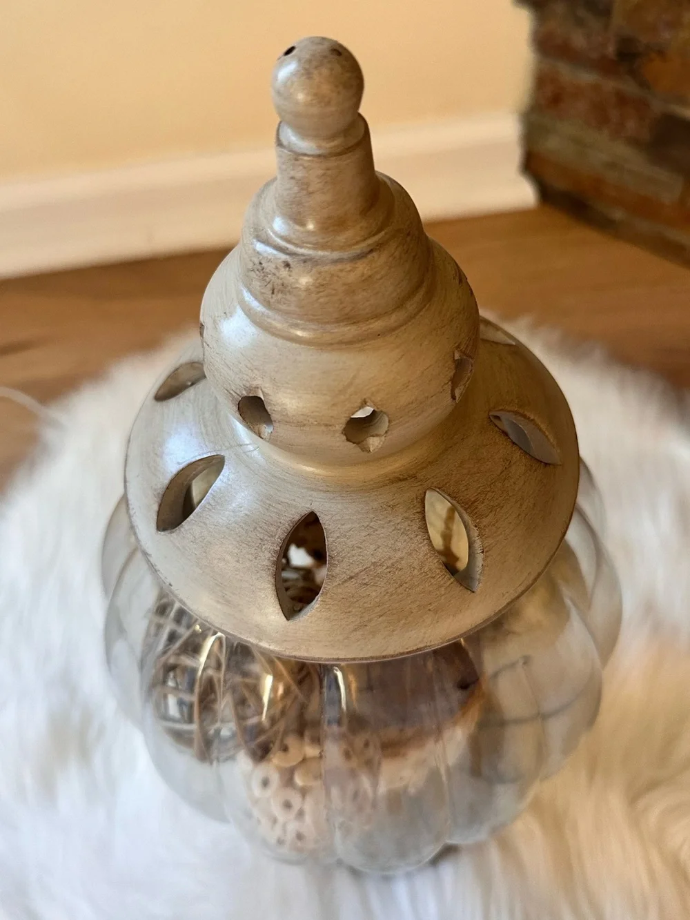 Decorative Glass Apothecary Jar with Lid & Neutral Decorative Balls— Decor